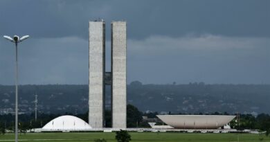 View of the Brazilian National Congress showcasing its iconic modernist architecture.