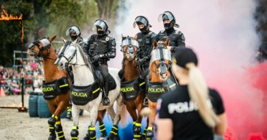 Mounted police demonstrate skills through colored smoke with crowd and flames.