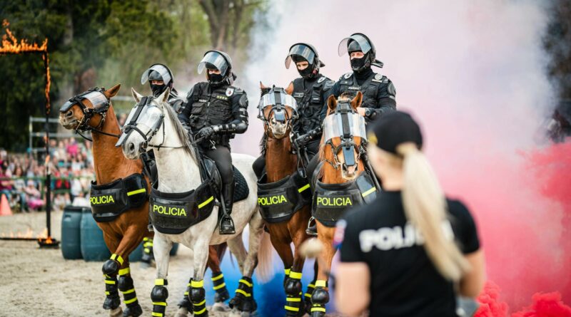 Mounted police demonstrate skills through colored smoke with crowd and flames.