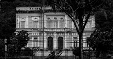 Historic Rio Negro Palace facade in black and white, Rio de Janeiro, Brazil.