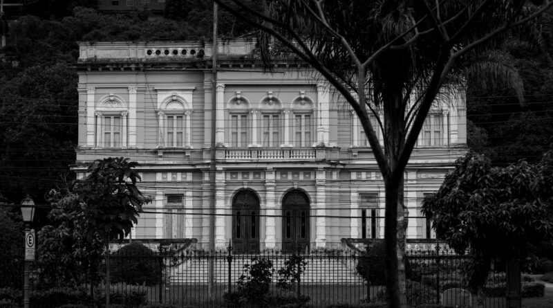 Historic Rio Negro Palace facade in black and white, Rio de Janeiro, Brazil.