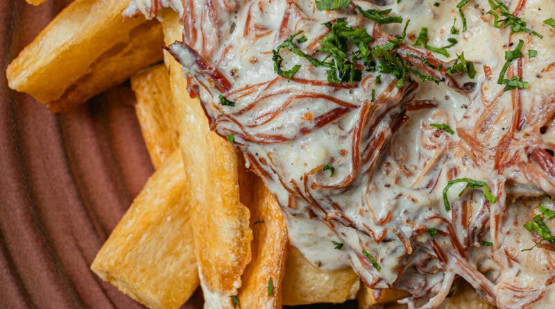 Close-up of Brazilian carne de sol with creamy sauce served on crispy cassava fries. A Maceió culinary delight.