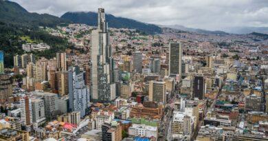 Aerial view of downtown Bogotá, Colombia showcasing modern skyscrapers and urban layout.