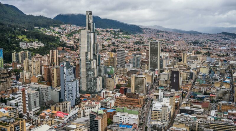 Aerial view of downtown Bogotá, Colombia showcasing modern skyscrapers and urban layout.