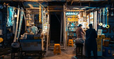 Colorful street market in Faisalabad at night, showcasing local vendors and vibrant lights.