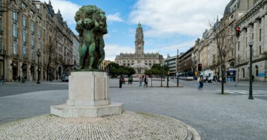View of Porto City Hall and sculpture at Avenida dos Aliados, a Porto landmark.