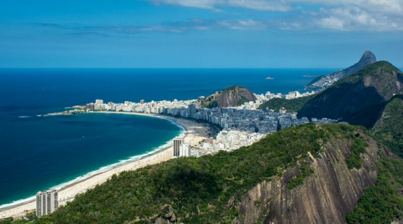 Stunning aerial view of Copacabana Beach and cityscape in Rio de Janeiro, Brazil.