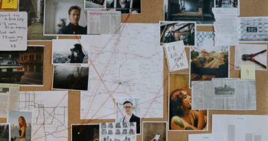 A detailed crime investigation board filled with photos, maps, and red strings connecting clues and evidence.