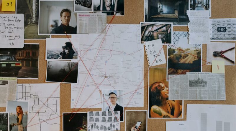A detailed crime investigation board filled with photos, maps, and red strings connecting clues and evidence.