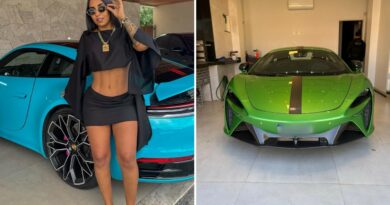 Imagem de carros de luxo e uma mansão, representando o estilo de vida ostentado por uma influenciadora digital.