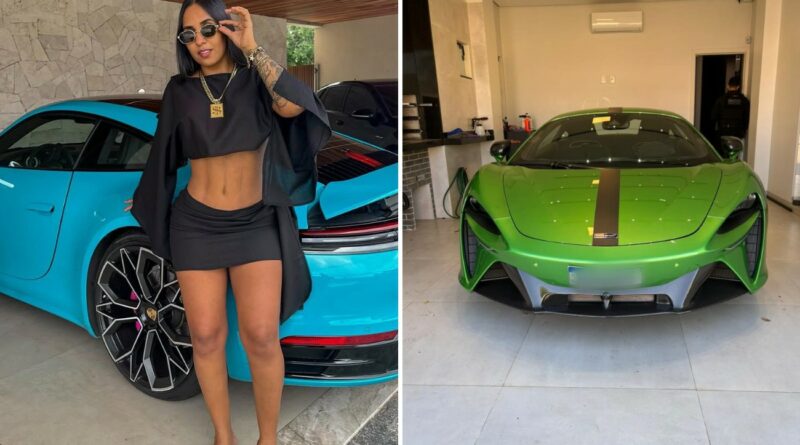 Imagem de carros de luxo e uma mansão, representando o estilo de vida ostentado por uma influenciadora digital.