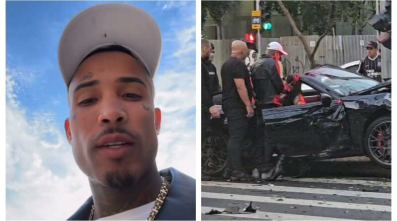 Montagem mostrando o influenciador Gato Preto e o Porsche destruído após o acidente em São Paulo.