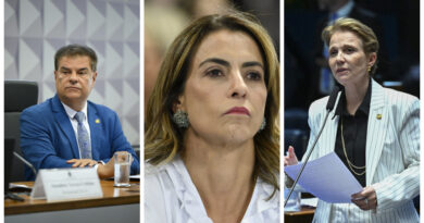 Três senadores em plenário, com microfones e documentos, durante sessão legislativa no Senado Federal