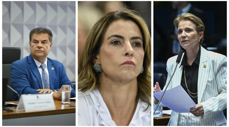 Três senadores em plenário, com microfones e documentos, durante sessão legislativa no Senado Federal