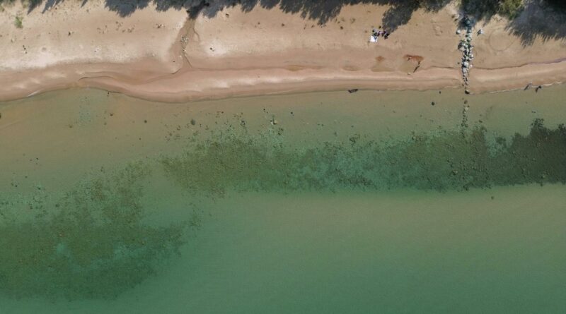 Drone captures sandy beach and clear water along the scenic Lake Michigan shoreline in Bliss, Michigan.