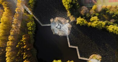 Stunning aerial shot of a park in Nanjing, Jiangsu, China, showcasing a water feature and tennis courts.