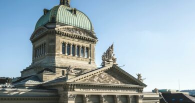 Exterior view of the Swiss Federal Palace in Bern, Switzerland, under clear skies.