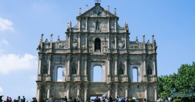 Historic Ruins of St. Paul's in Macau, captured under clear skies with visitors exploring the landmark.