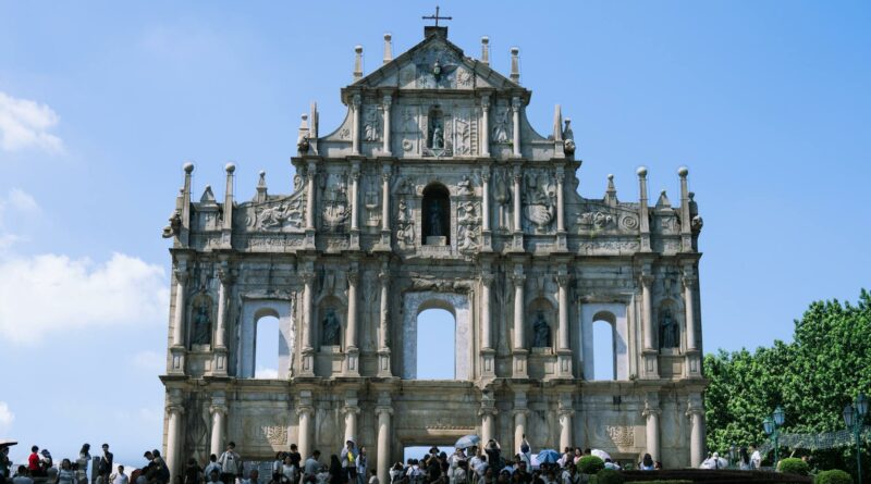 Historic Ruins of St. Paul's in Macau, captured under clear skies with visitors exploring the landmark.