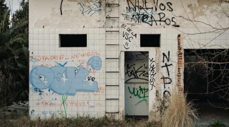 Explore urban decay with vivid graffiti on an abandoned building in Rosario, Argentina.