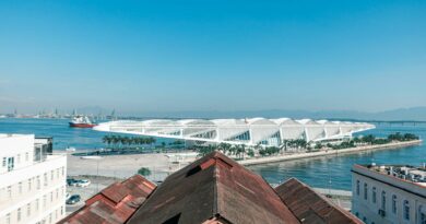 A breathtaking aerial view of the Museum of Tomorrow and waterfront in Rio de Janeiro under a clear blue sky.