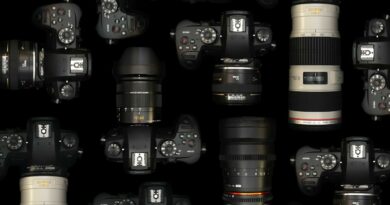 A collection of DSLR cameras and lenses against a black backdrop, showcasing modern photography equipment.