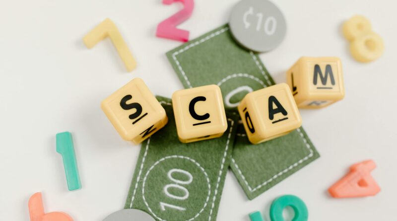 Visual representation of a scam concept using toys, dice, and fake money on a white background.