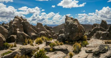 Explore the striking rock formations and lush vegetation of Novo Progresso, Brazil, beneath clear blue skies.