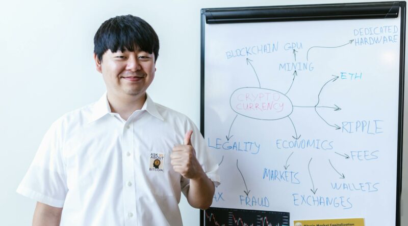 A smiling man stands beside a whiteboard with cryptocurrency concepts and gives a thumbs up.