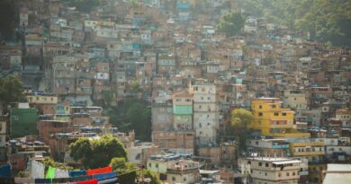 Vivid hillside houses in a densely packed Rio de Janeiro neighborhood, illustrating vibrant urban life.