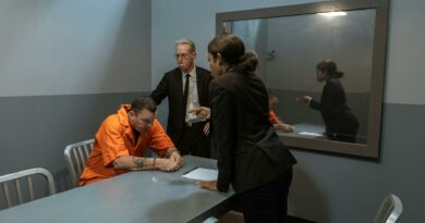 A tense interrogation scene showing a prisoner, lawyer, and detective in a police station room.