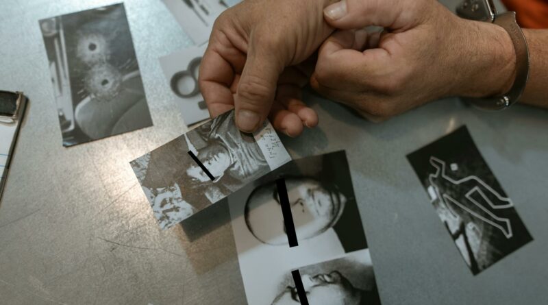 Close-up of handcuffed person examining crime scene photos on table, indicating investigation process.