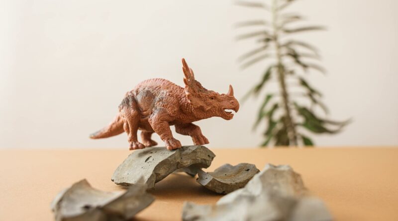 Close-up of a triceratops plastic toy on rocks, evoking a prehistoric scene; ideal for playful and educational themes.