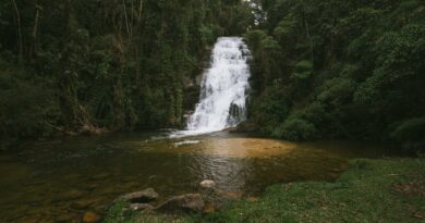 Tranquil waterfall cascading amidst lush greenery in Bananal, Brazil. Perfect nature escape.