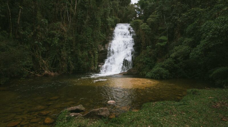 Tranquil waterfall cascading amidst lush greenery in Bananal, Brazil. Perfect nature escape.