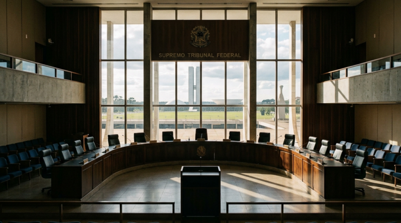 Interior of Supreme Federal Court courtroom with curved wooden bench, chairs, and large windows