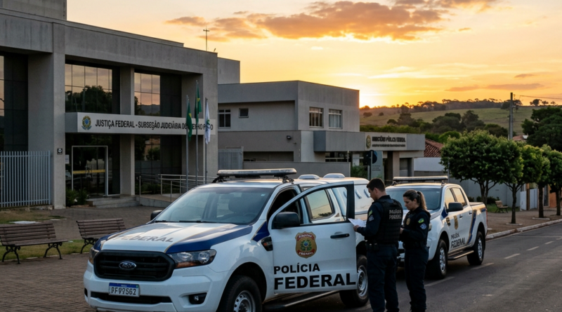 Two Federal Police officers standing by vehicles outside a judicial building during sunset.