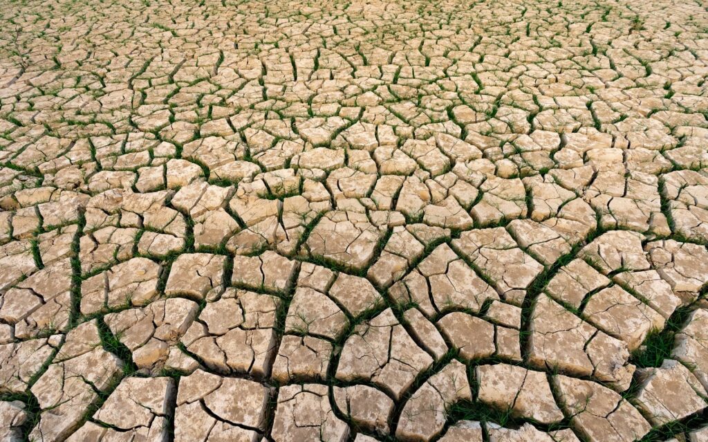 Família caminhando em área seca ou alagada, simbolizando deslocamento climático no Brasil