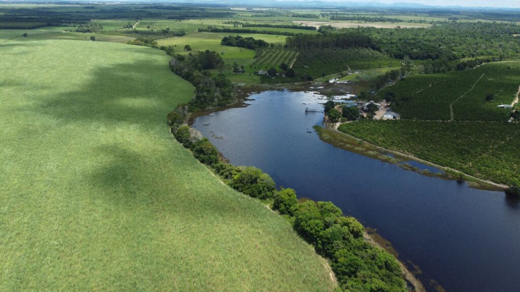 Rio poluído em área urbana do Brasil, com lixo e esgoto visíveis, simbolizando a crise da qualidade da água.