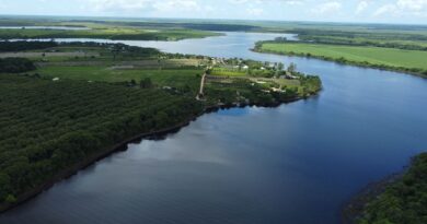 Vista aérea de uma plantação com sistema de irrigação de precisão em uma paisagem brasileira, simbolizando a modernização da gestão hídrica.