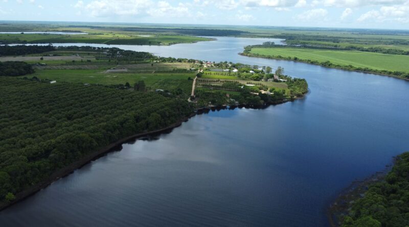 Vista aérea de uma plantação com sistema de irrigação de precisão em uma paisagem brasileira, simbolizando a modernização da gestão hídrica.