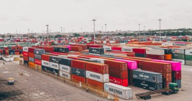Navios de carga e contêineres em porto brasileiro, simbolizando o comércio exterior e a economia.
