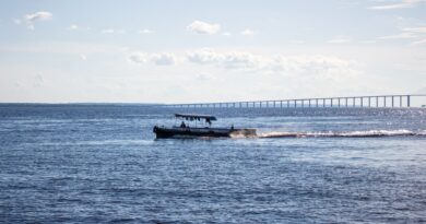 Balsas carregadas navegando em um rio largo no Brasil, com margens verdes e céu azul, simbolizando o transporte hidroviário e o potencial logístico do país.