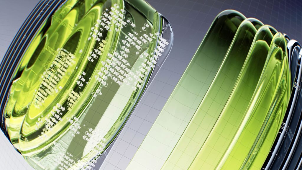 Representação abstrata de um mercado de carbono com gráficos e elementos verdes, simbolizando finanças sustentáveis e economia verde.