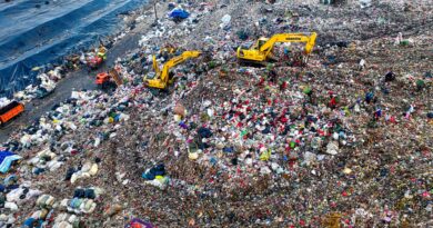 Montagem de imagens mostrando lixo sendo coletado, materiais recicláveis separados e um gráfico de economia circular, representando o desafio da gestão de resíduos no Brasil.